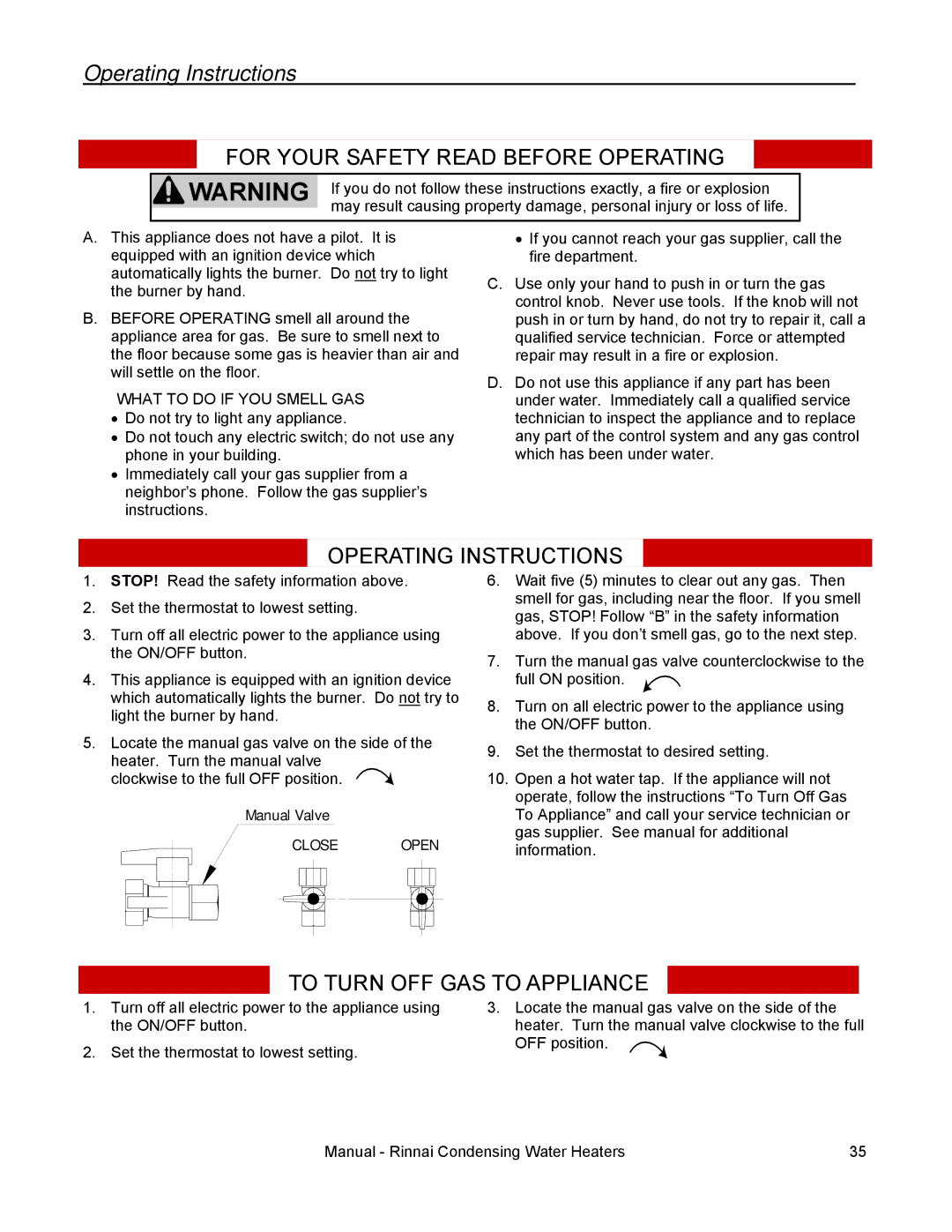 Rinnai RC80E, RC98I, RC98E, RC80I installation manual Operating Instructions, For Your Safety Read Before Operating 