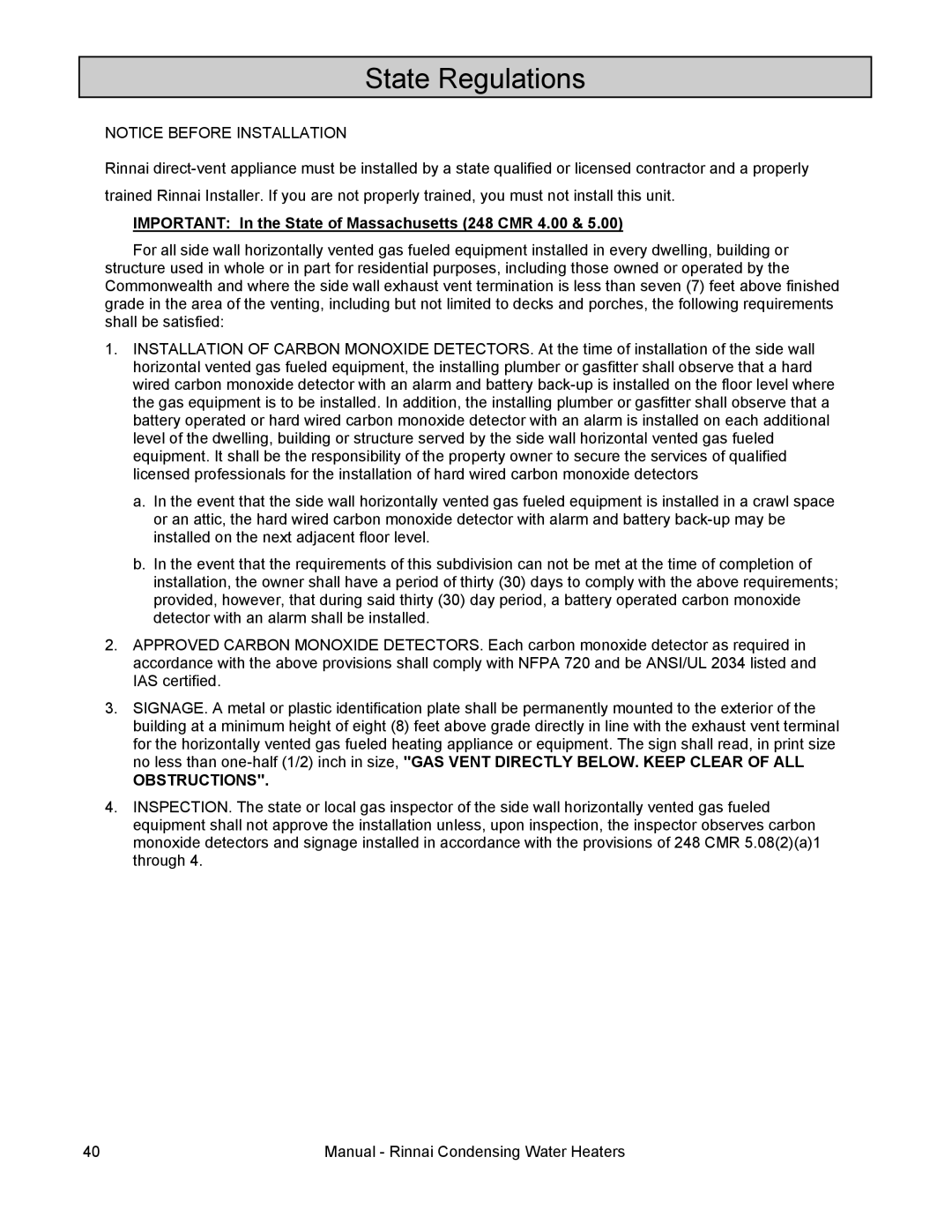 Rinnai RC98I, RC98E, RC80I, RC80E installation manual State Regulations, Important In the State of Massachusetts 248 CMR 4.00 