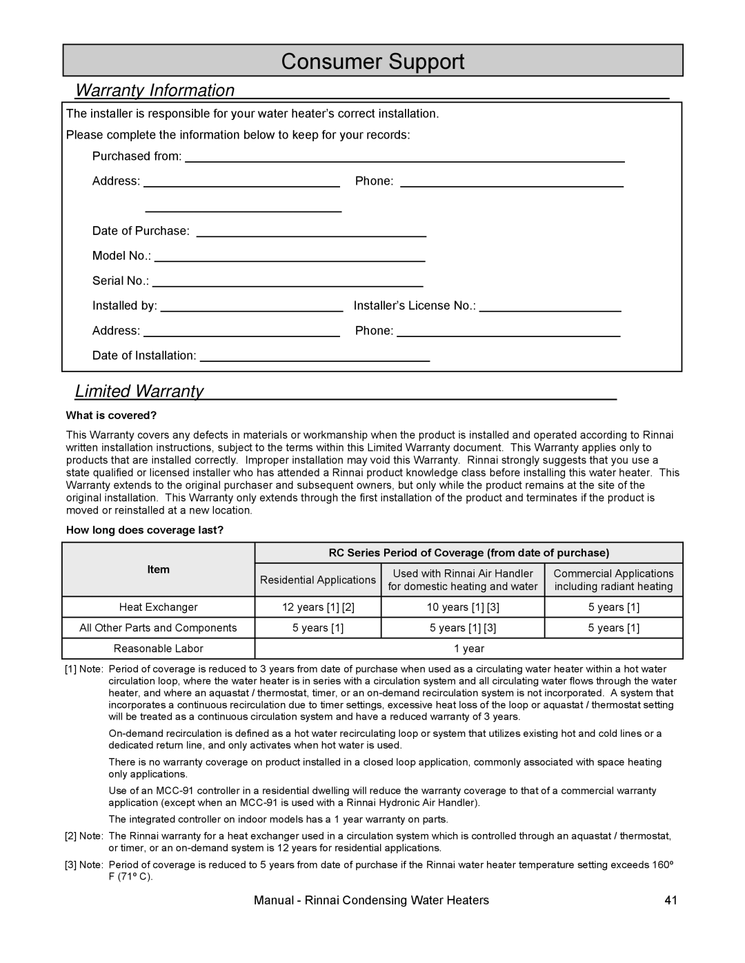 Rinnai RC98E, RC98I, RC80I, RC80E Consumer Support, Warranty Information, Limited Warranty, What is covered? 