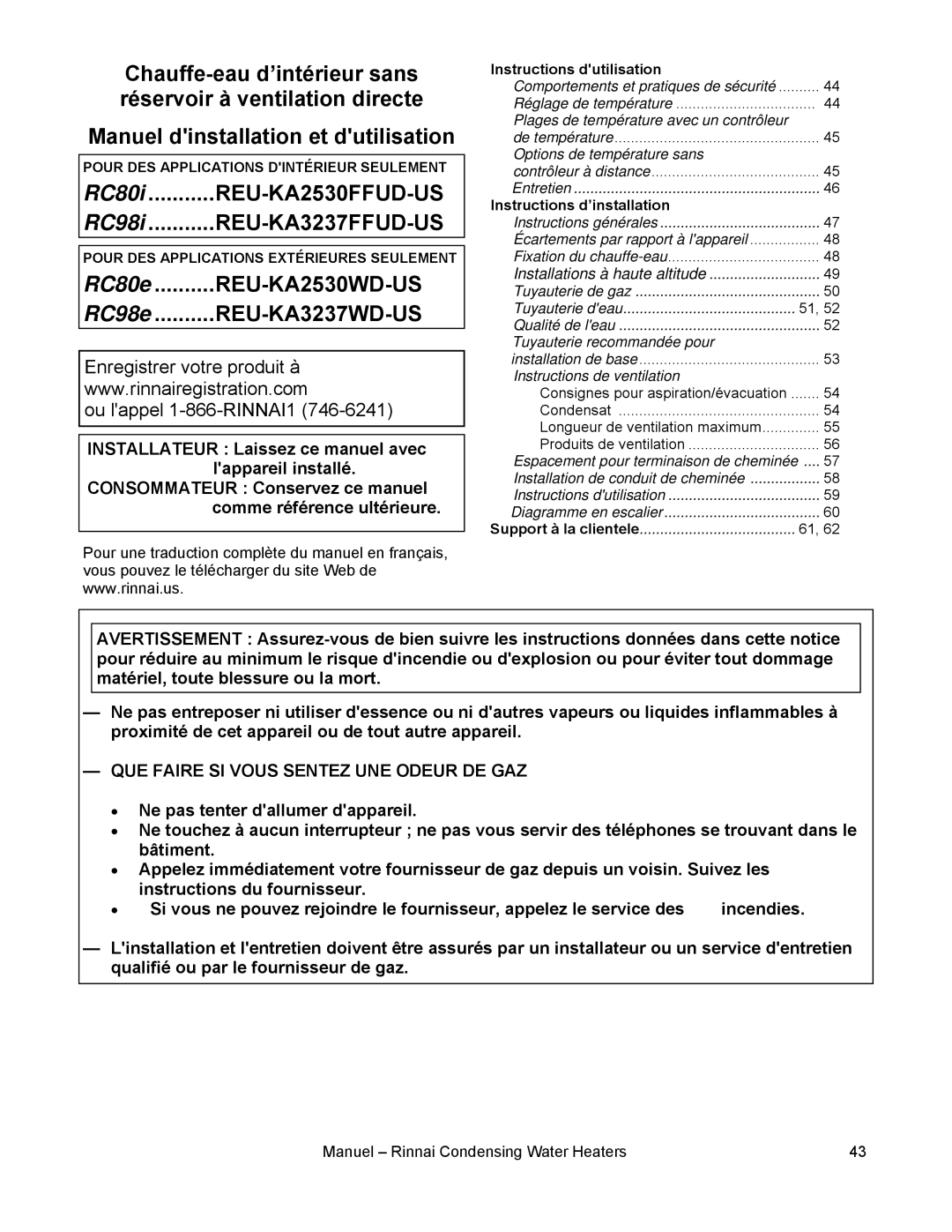 Rinnai RC80E, RC98I, RC98E, RC80I installation manual Instructions dutilisation, Instructions d’installation 