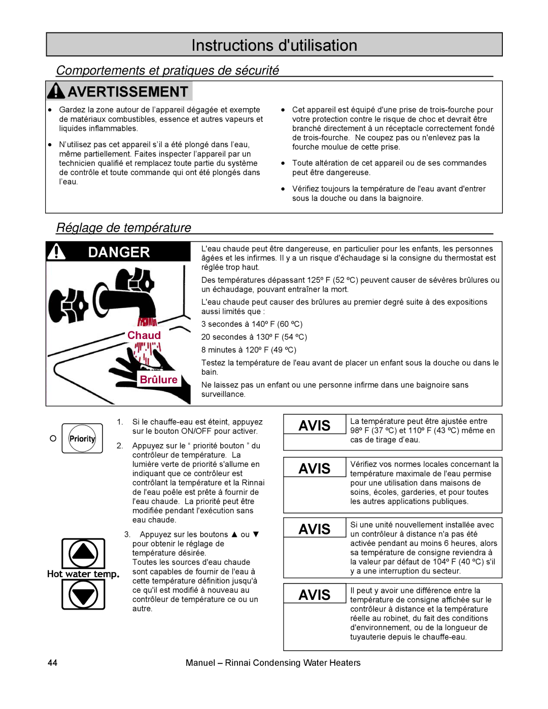 Rinnai RC98I, RC98E, RC80I, RC80E installation manual Instructions dutilisation, Chaud Brûlure 