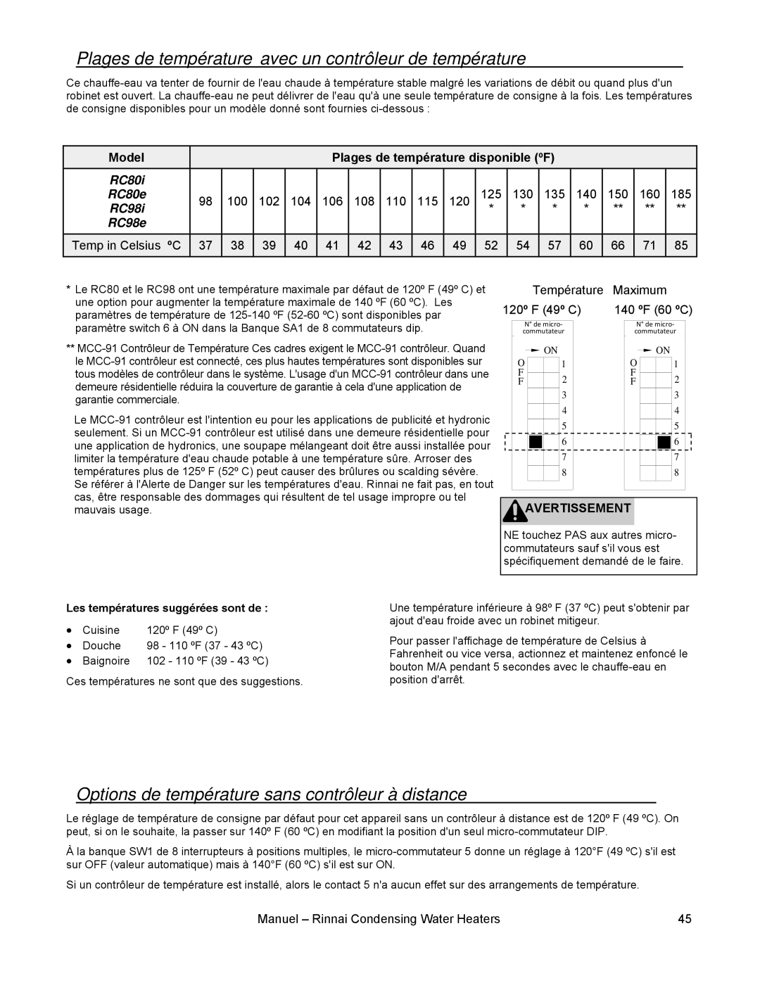 Rinnai RC98E Plages de température avec un contrôleur de température, Options de température sans contrôleur à distance 