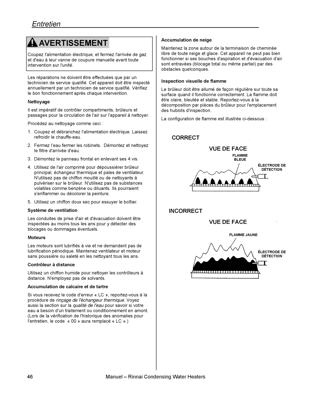 Rinnai RC80I, RC98I, RC98E, RC80E installation manual Entretien 