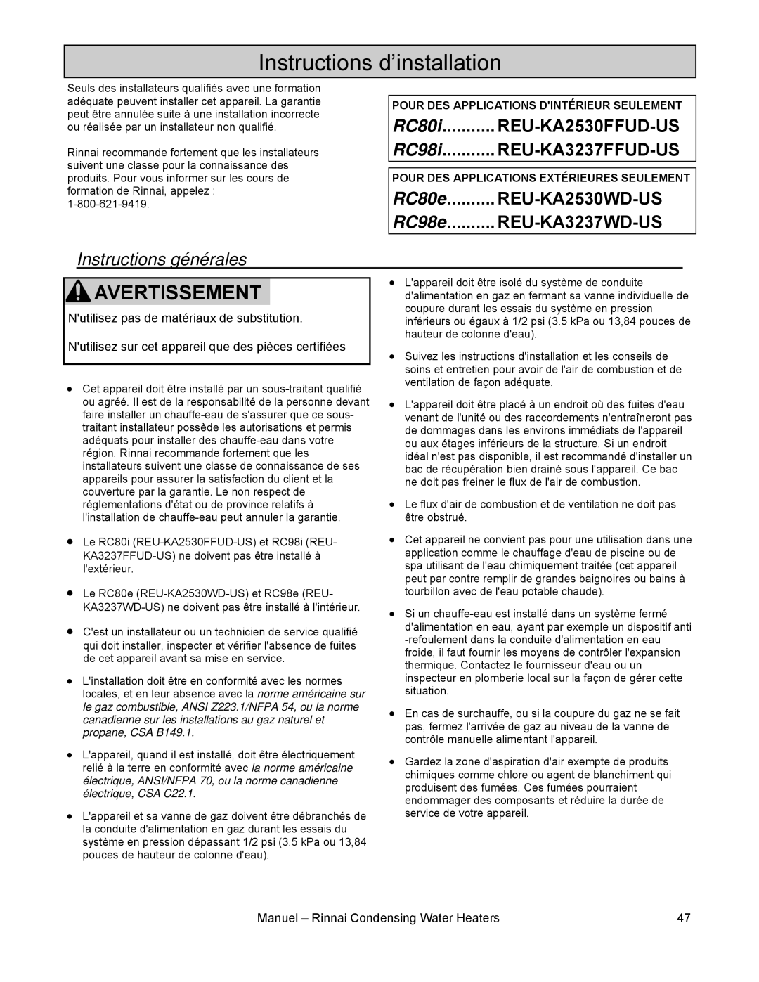 Rinnai RC80E, RC98I, RC98E, RC80I installation manual Instructions d’installation, Instructions générales 