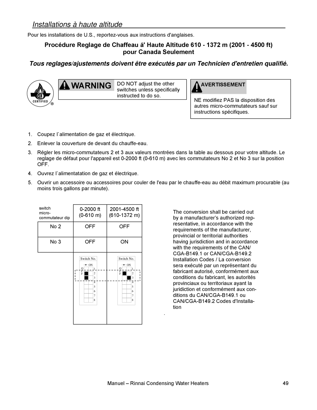 Rinnai RC98E, RC98I, RC80I, RC80E installation manual Installations à haute altitude 