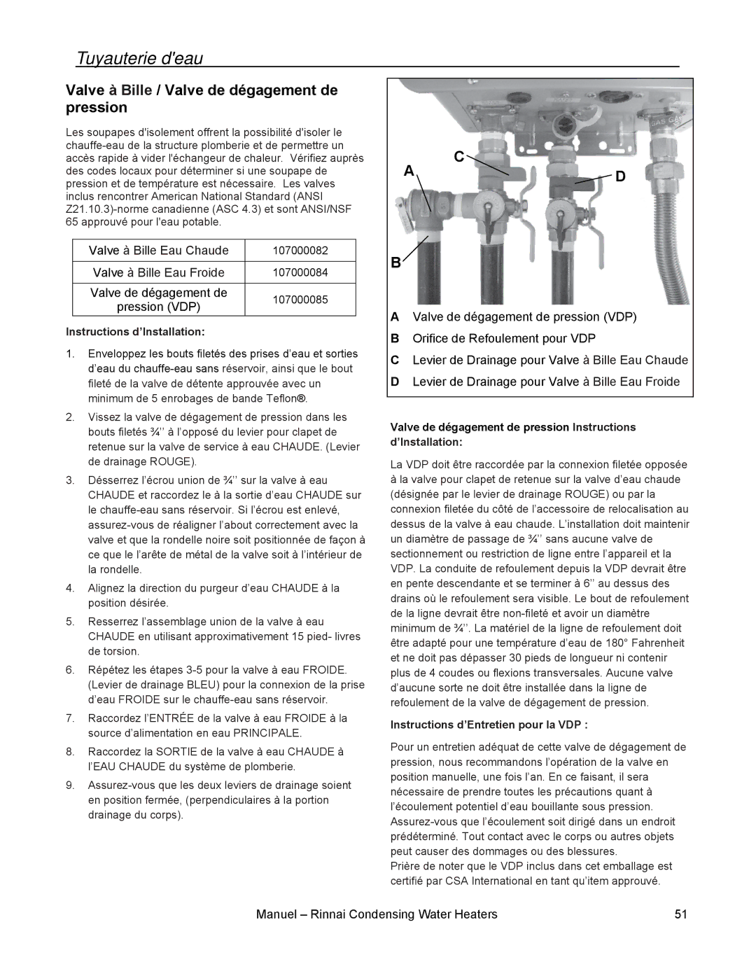 Rinnai RC80E, RC98I, RC98E, RC80I installation manual Tuyauterie deau, Valve à Bille / Valve de dégagement de pression 