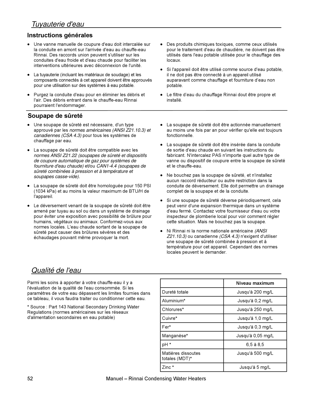 Rinnai RC98I, RC98E, RC80I, RC80E installation manual Qualité de leau, Soupape de sûreté, Niveau maximum 