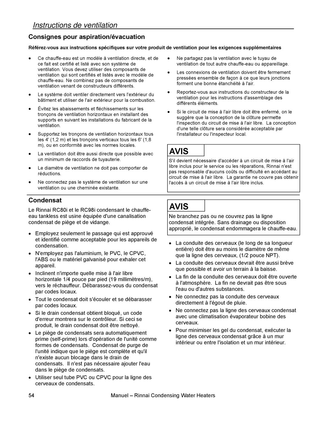 Rinnai RC80I, RC98I, RC98E, RC80E Instructions de ventilation, Consignes pour aspiration/évacuation, Condensat 