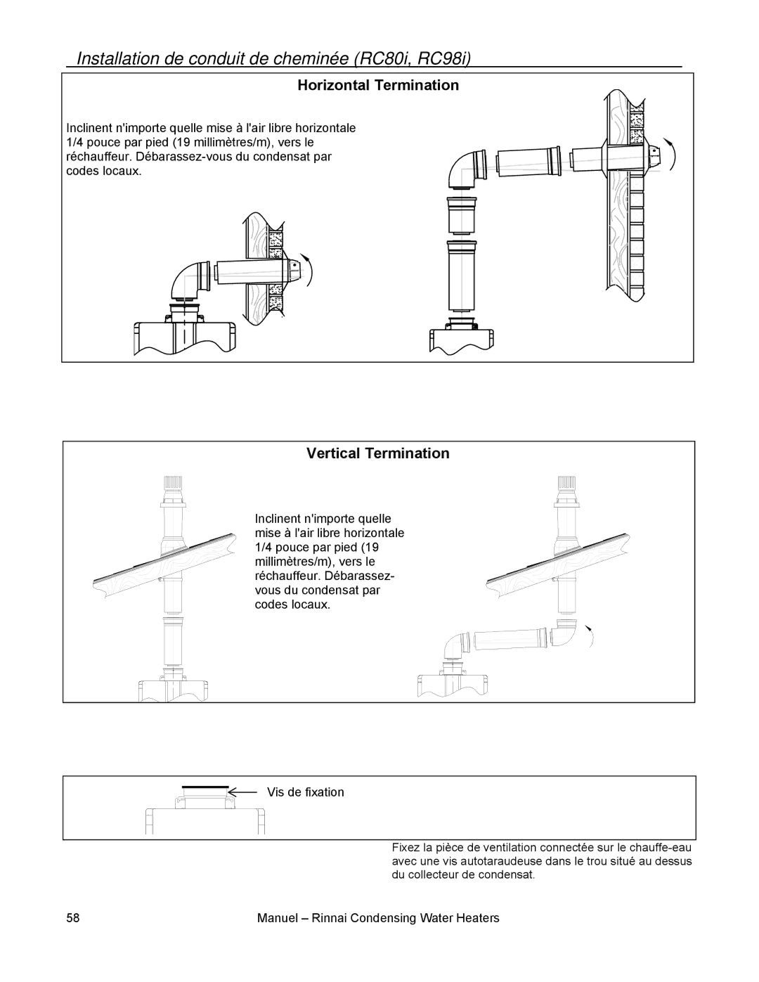 Rinnai RC80I, RC98I, RC98E, RC80E installation manual Installation de conduit de cheminée RC80i, RC98i 