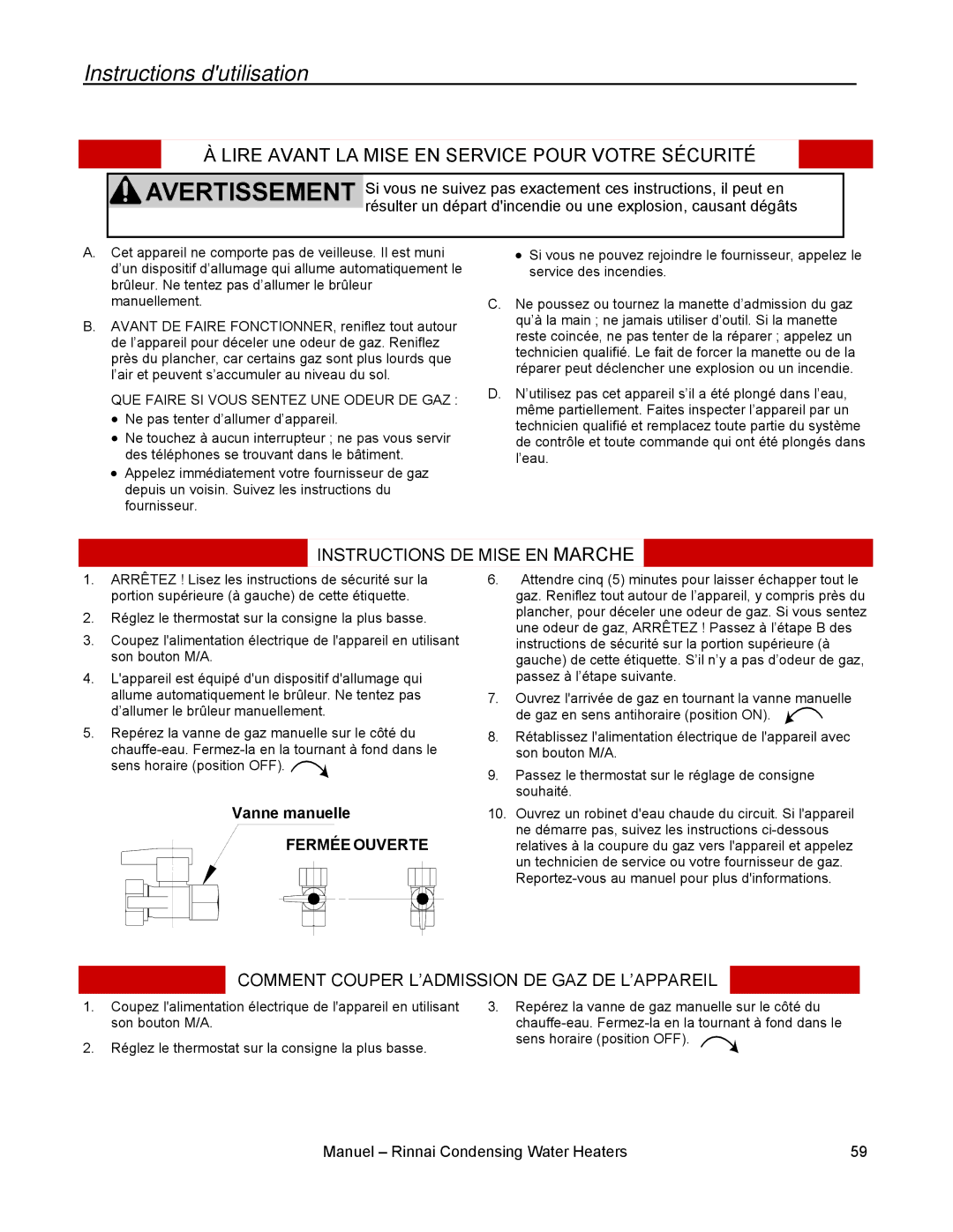 Rinnai RC80E, RC98I, RC98E, RC80I installation manual Instructions dutilisation, VanneMa ualmanuelleValve 