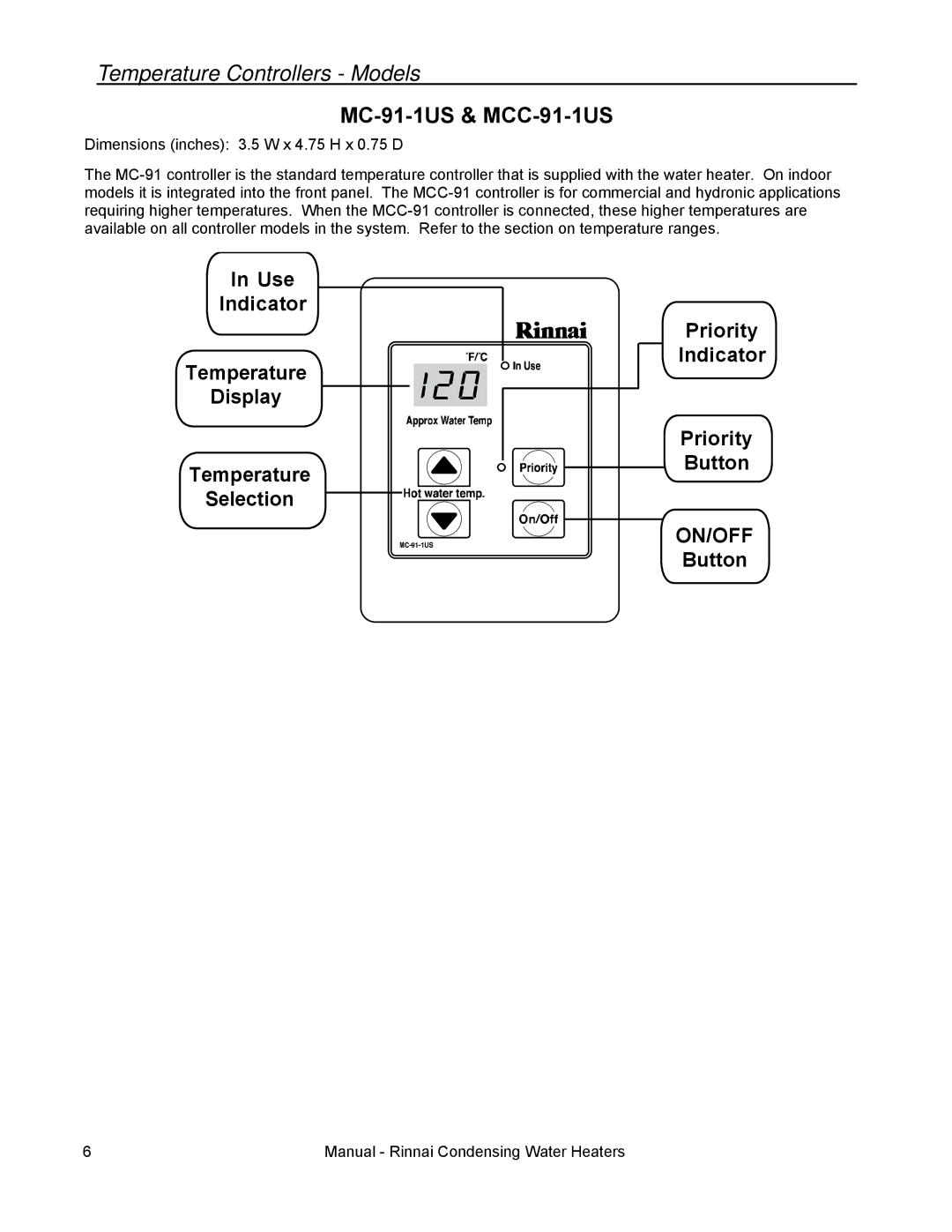 Rinnai RC80I, RC98I, RC98E, RC80E installation manual Temperature Controllers Models, MC-91-1US & MCC-91-1US 