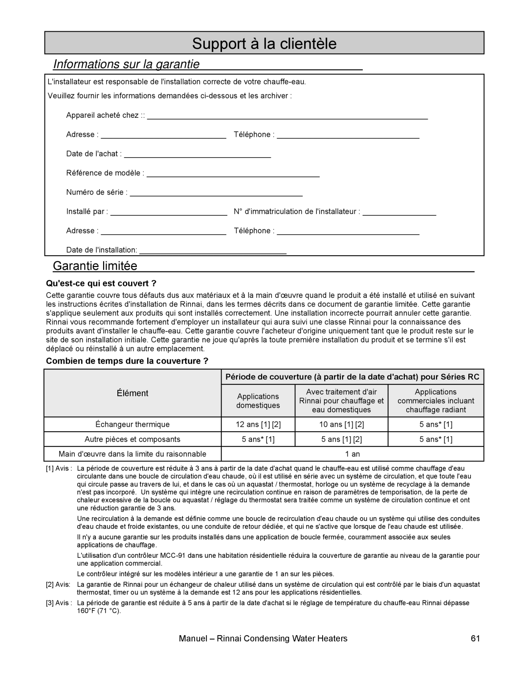 Rinnai RC98E, RC98I, RC80I, RC80E Support à la clientèle, Informations sur la garantie, Quest-ce qui est couvert ? 