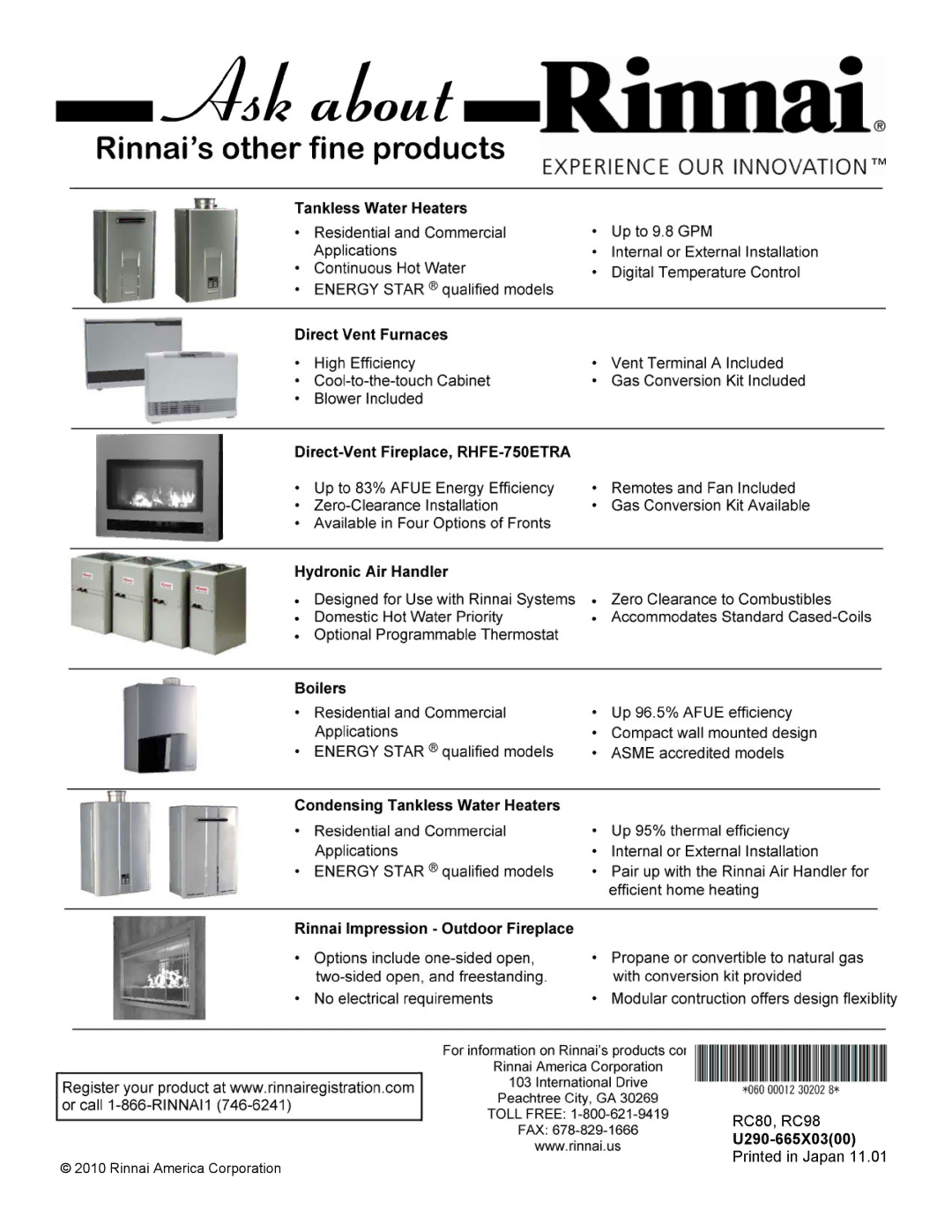 Rinnai RC98I, RC98E, RC80I, RC80E installation manual U290-665X0300 