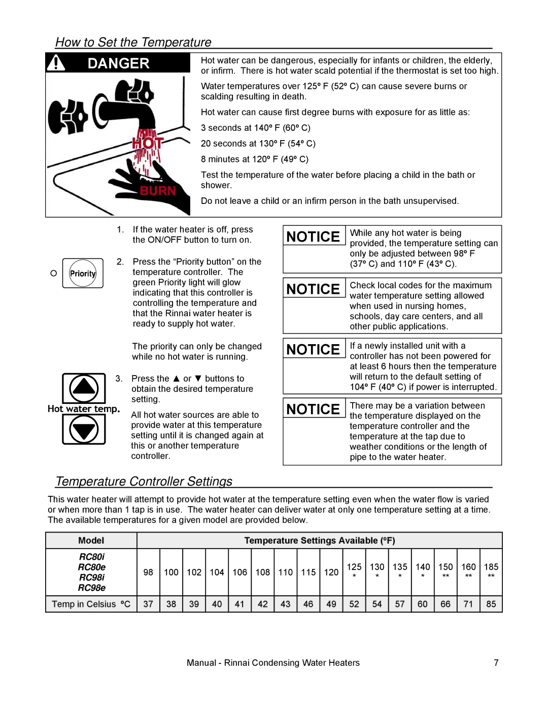 Rinnai RC80E, RC98I How to Set the Temperature, Temperature Controller Settings, Model Temperature Settings Available ºF 