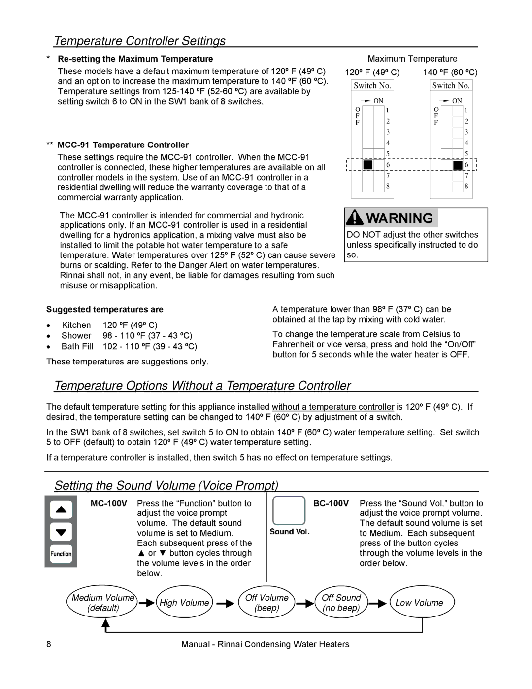 Rinnai RC98I, RC98E, RC80I Temperature Options Without a Temperature Controller, Setting the Sound Volume Voice Prompt 