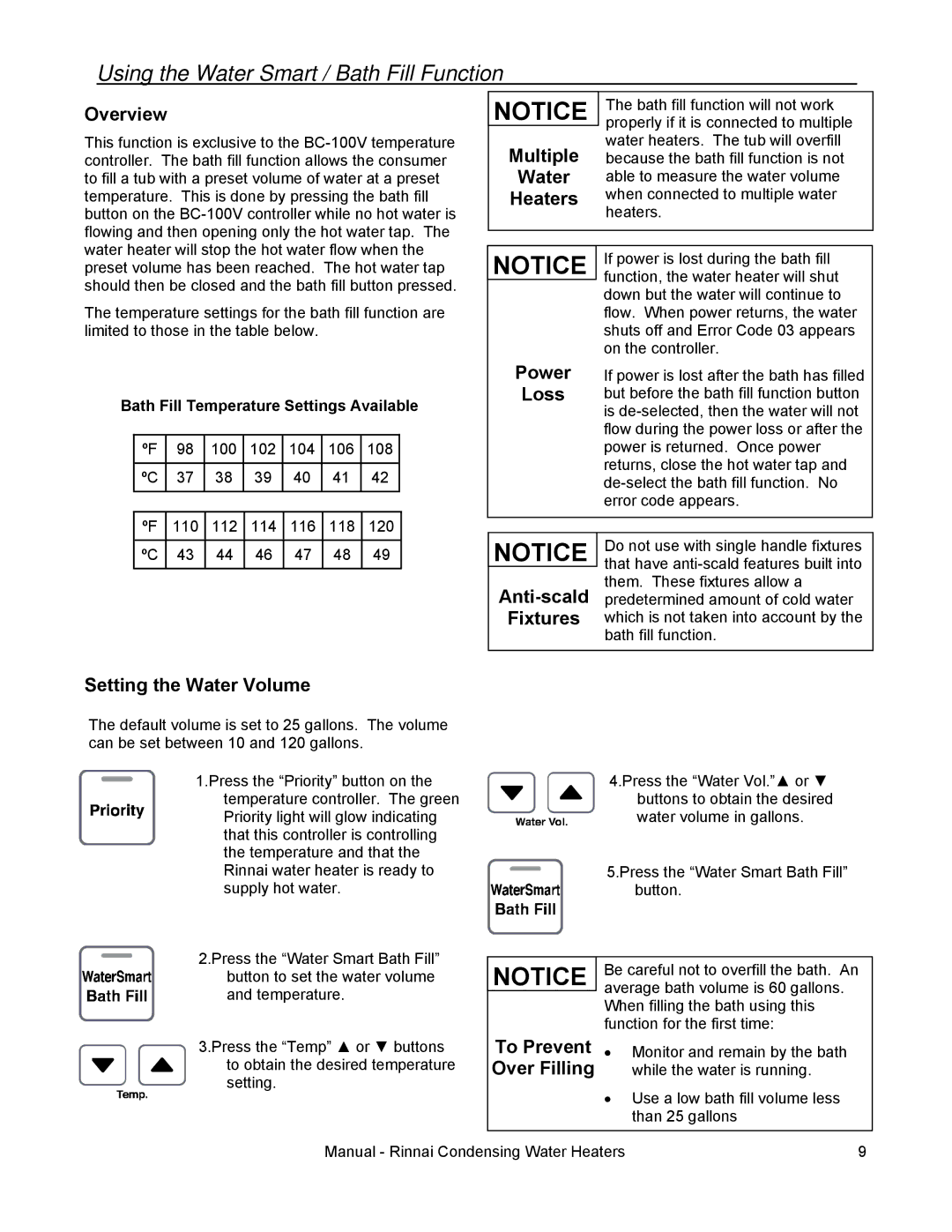 Rinnai RC98E, RC98I, RC80I, RC80E Using the Water Smart / Bath Fill Function, Overview, Setting the Water Volume 