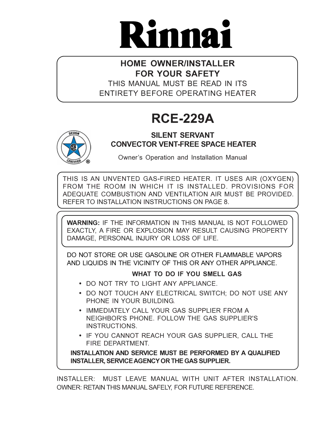 Rinnai RCE-229A installation instructions Silent Servant Convector VENT-FREE Space Heater 