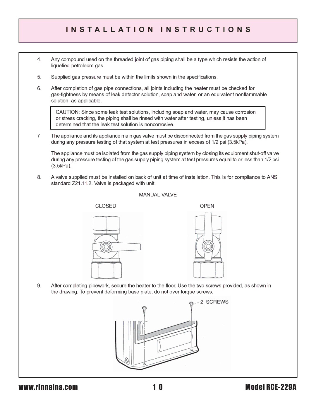 Rinnai RCE-229A installation instructions Manual Valve Closed Open 