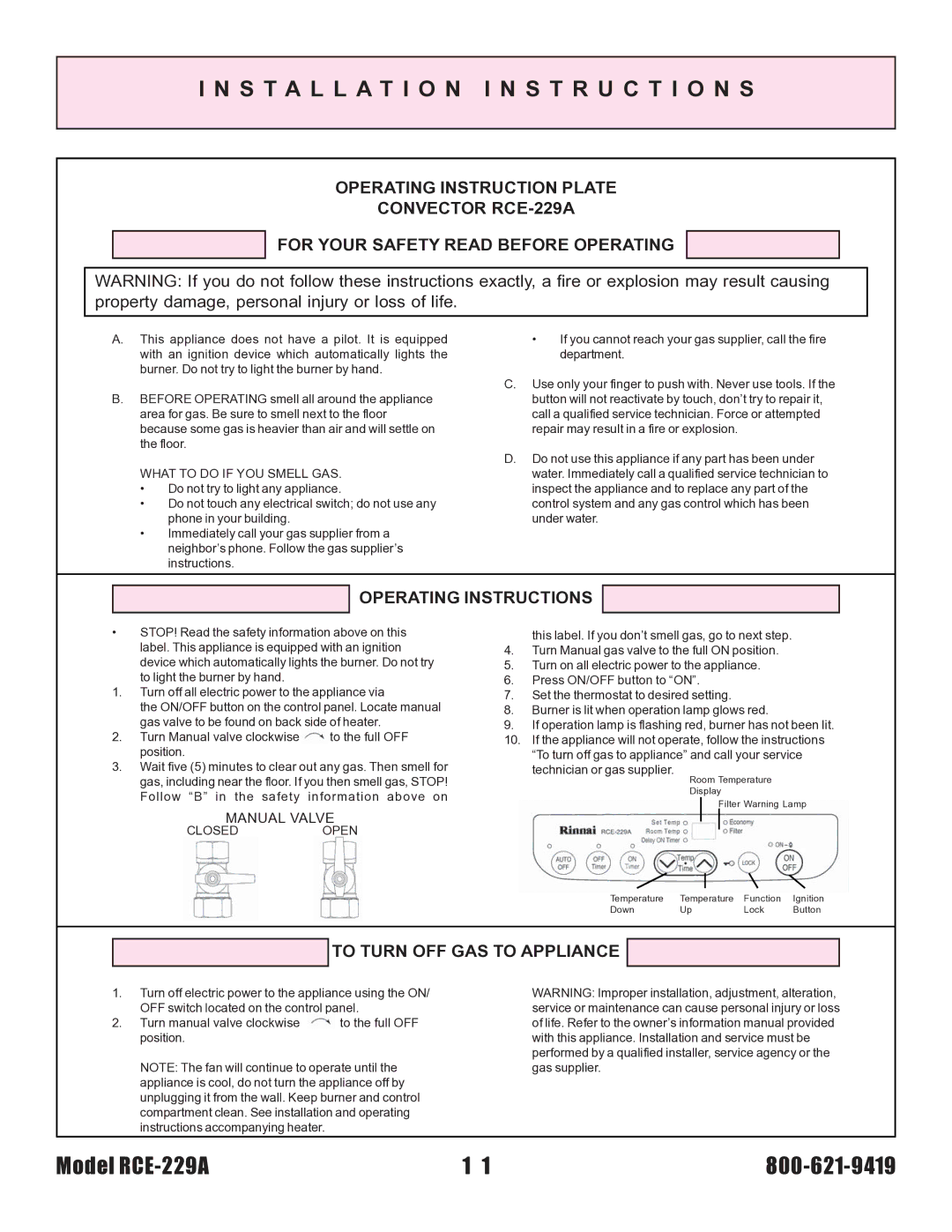 Rinnai RCE-229A installation instructions Operating Instructions 