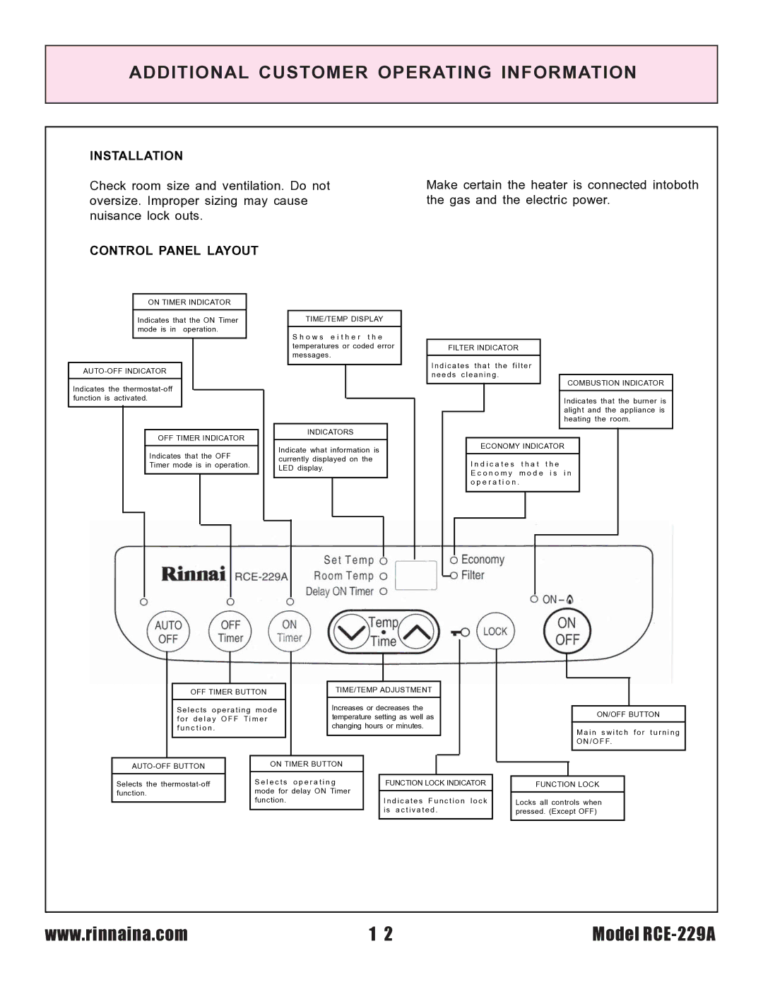 Rinnai RCE-229A installation instructions Additional Customer Operating Information, Installation 