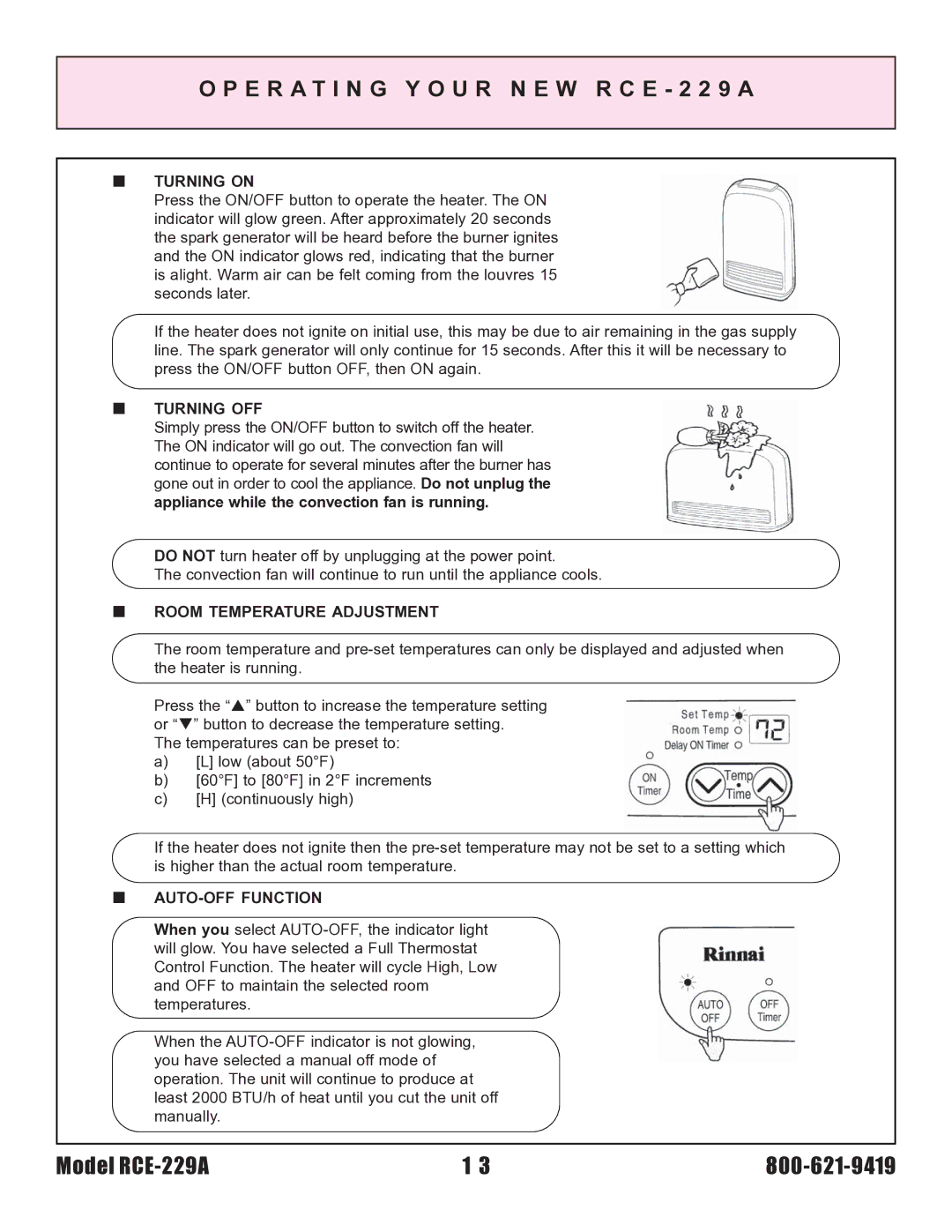 Rinnai RCE-229A installation instructions „ Turning on, „ Turning OFF, „ Room Temperature Adjustment, „ AUTO-OFF Function 