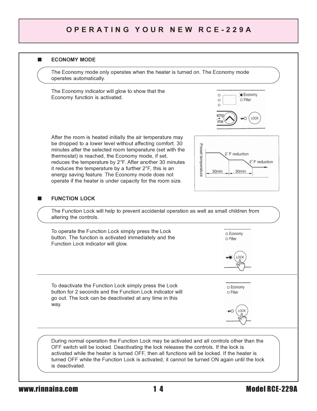 Rinnai RCE-229A installation instructions „ Economy Mode, „ Function Lock 