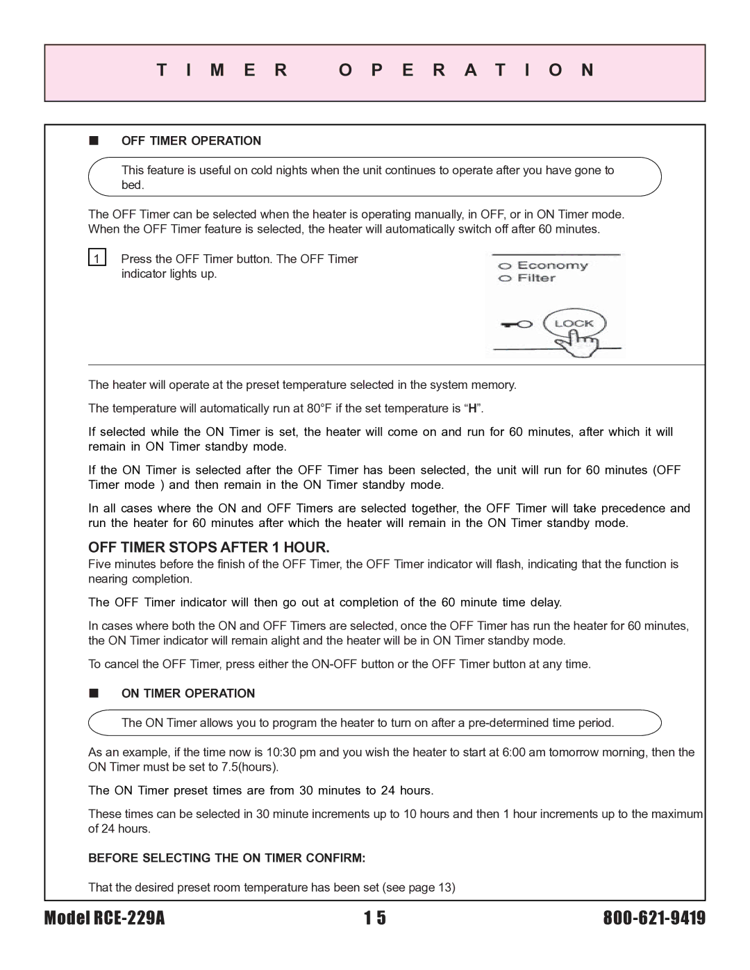 Rinnai RCE-229A installation instructions M E R O P E R a T I O N, „ OFF Timer Operation, „ on Timer Operation 