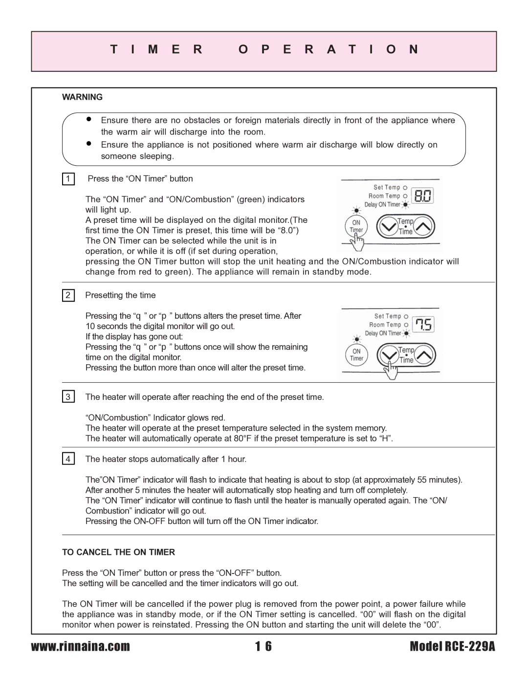 Rinnai RCE-229A installation instructions To Cancel the on Timer 