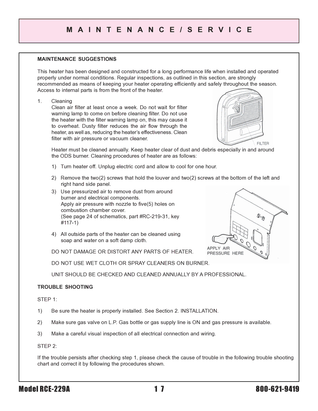 Rinnai RCE-229A installation instructions Maintenance Suggestions, Trouble Shooting 