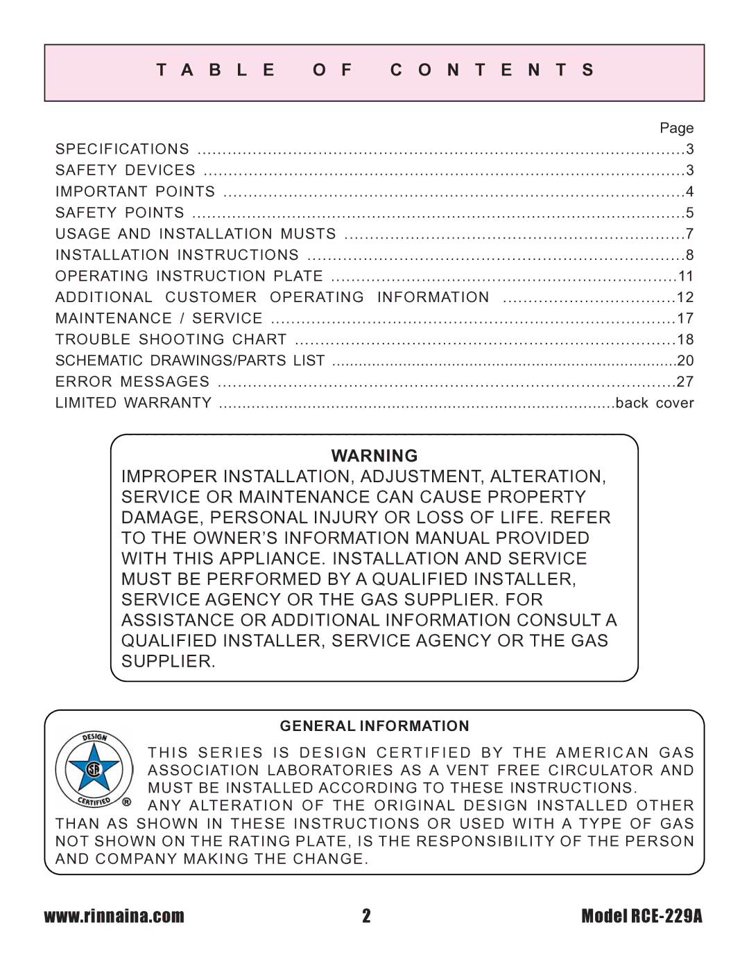 Rinnai RCE-229A installation instructions B L E N T E N T S, General Information 