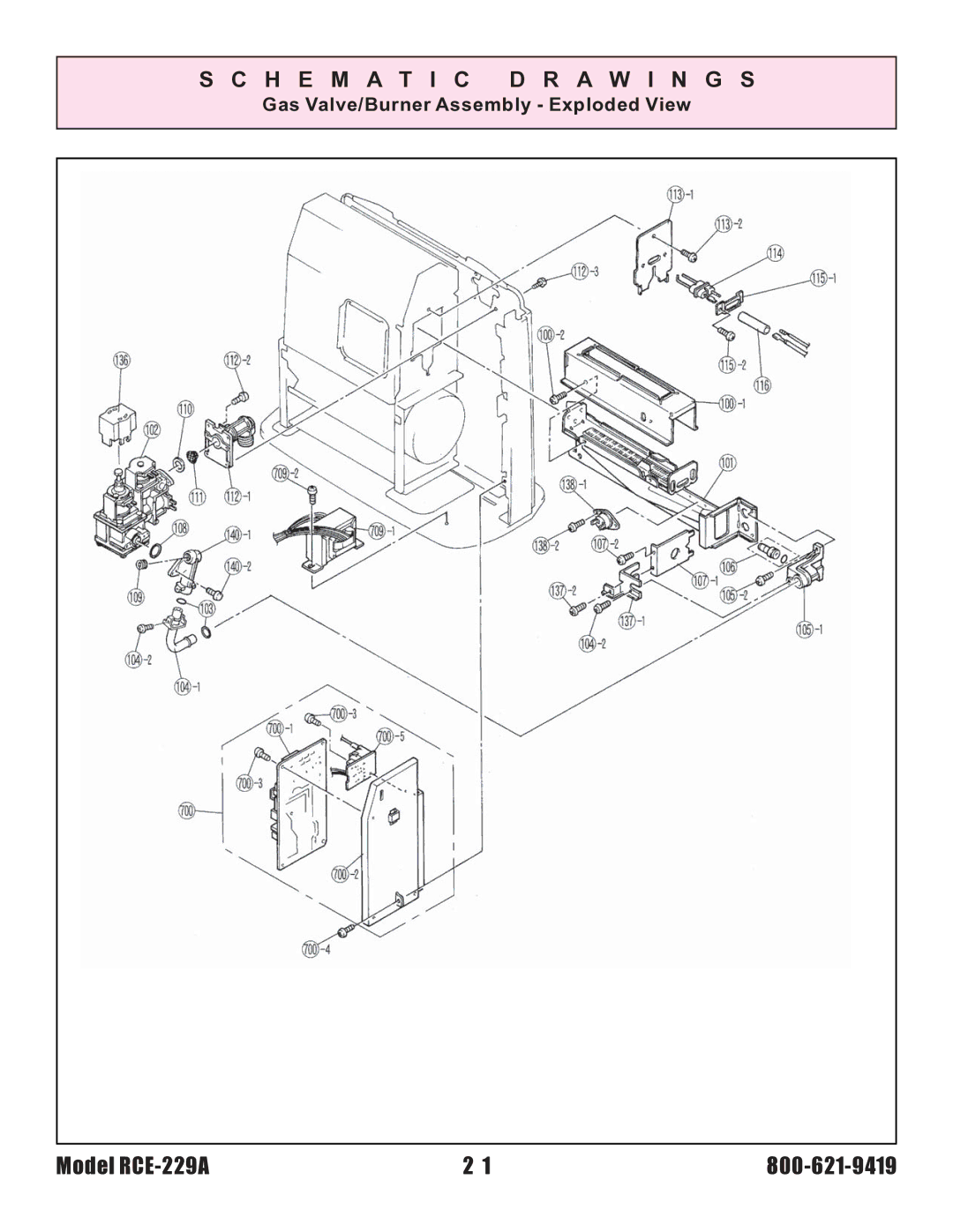 Rinnai RCE-229A installation instructions Gas Valve/Burner Assembly Exploded View 