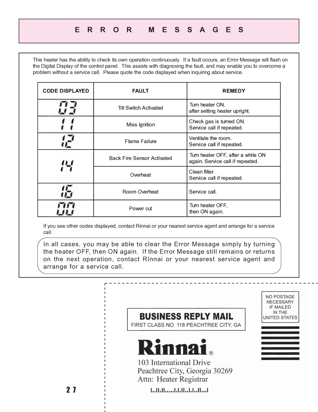 Rinnai RCE-229A installation instructions Error M E S S a G E S, Code Displayed Fault Remedy 