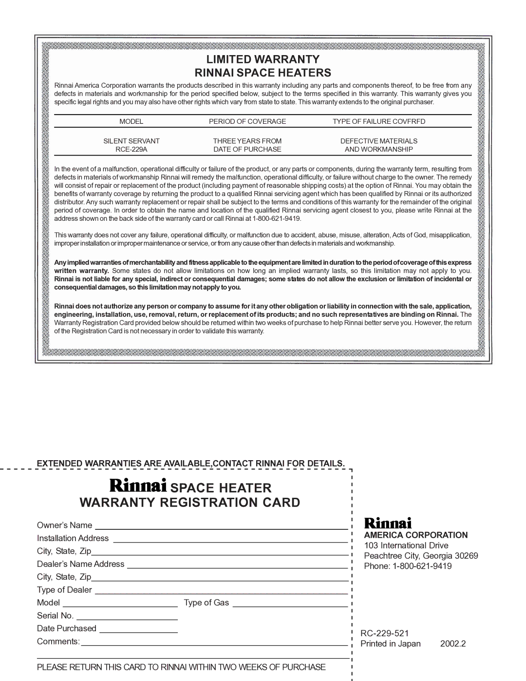 Rinnai RCE-229A installation instructions Extended Warranties are AVAILABLE,CONTACT Rinnai for Details, America Corporation 