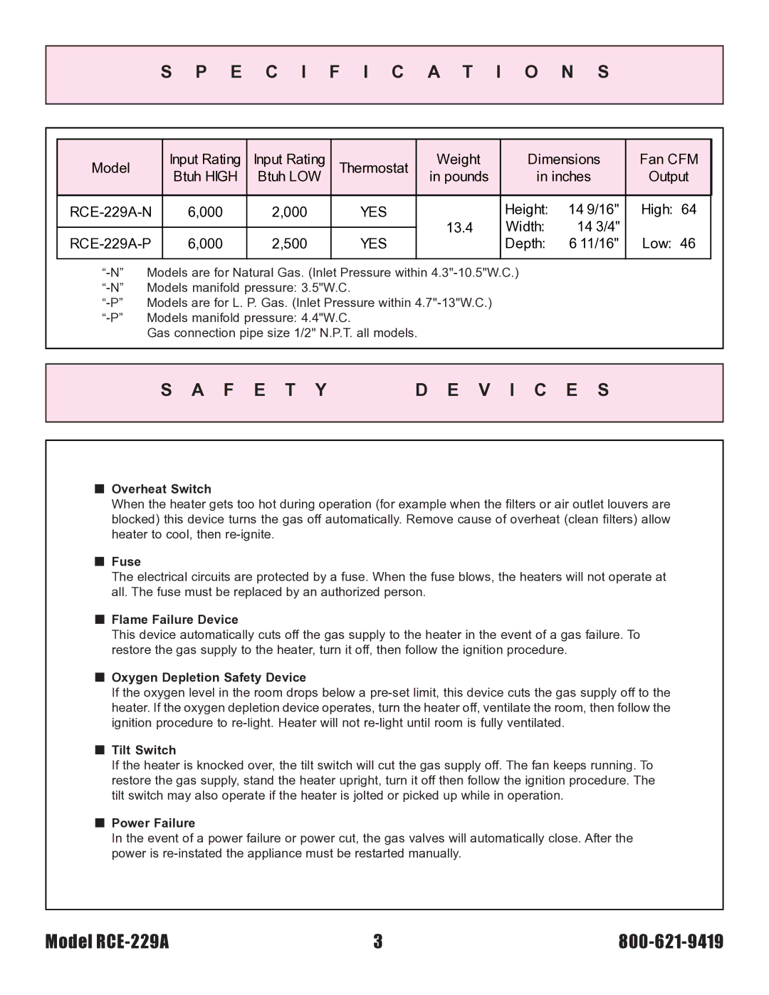 Rinnai RCE-229A installation instructions Specification S, F E T Y D E V I C E S 