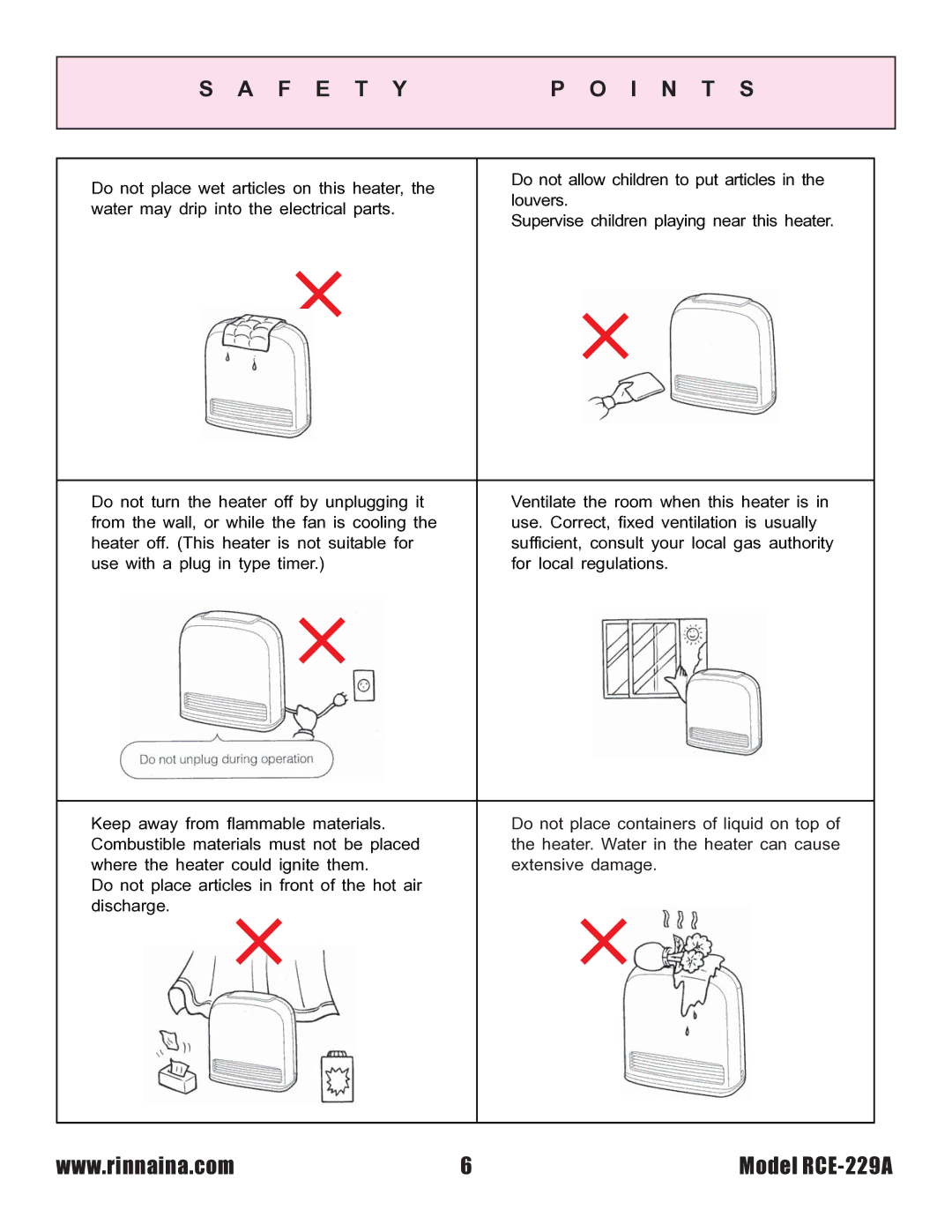 Rinnai RCE-229A installation instructions F E T Yp O I N T S 