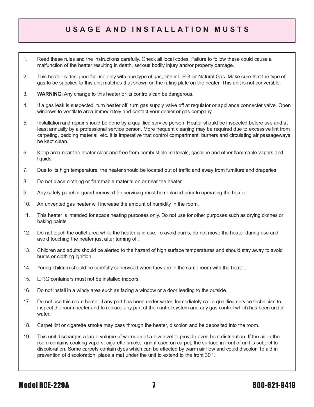 Rinnai RCE-229A installation instructions A G E a N D Installation M U S T S 