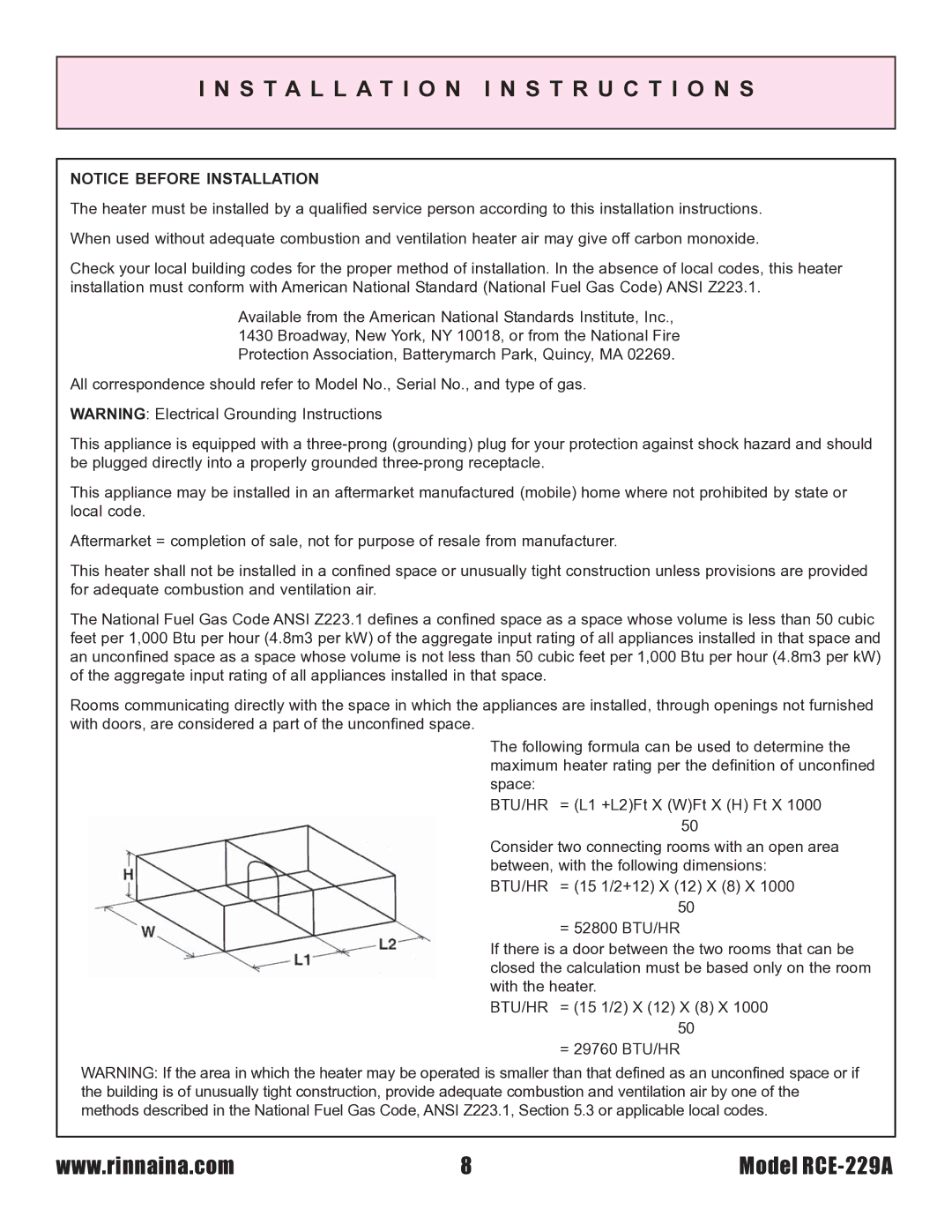 Rinnai RCE-229A installation instructions Installation I N S T R U C T I O N S 