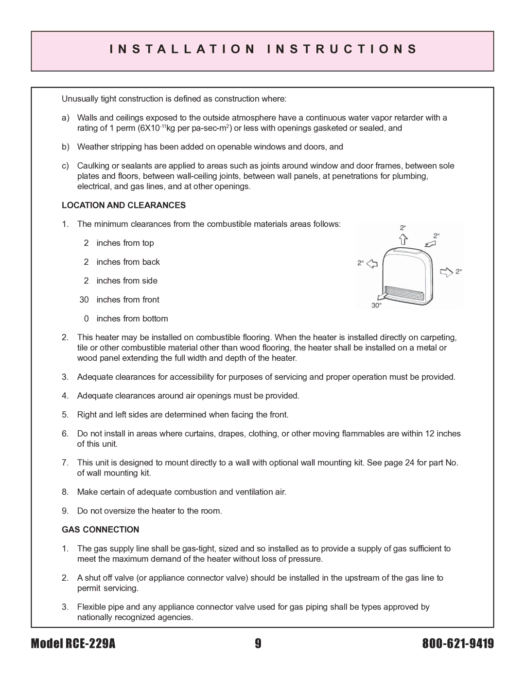 Rinnai RCE-229A installation instructions Location and Clearances, GAS Connection 