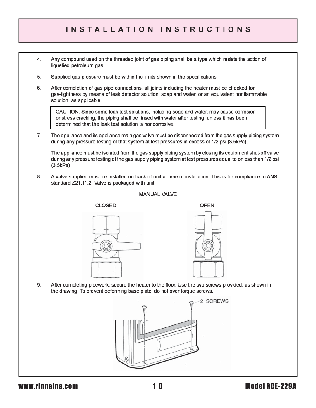 Rinnai installation instructions I N S T A L L A T I O N I N S T R U C T I O N S, Model RCE-229A 