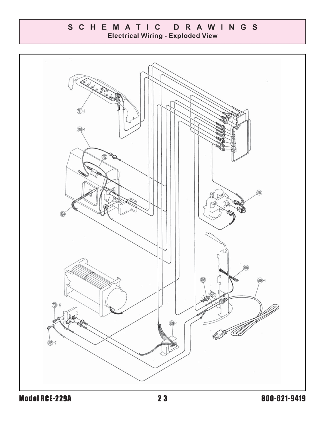 Rinnai installation instructions S C H E M A T I C D R A W I N G S, Model RCE-229A, Electrical Wiring - Exploded View 