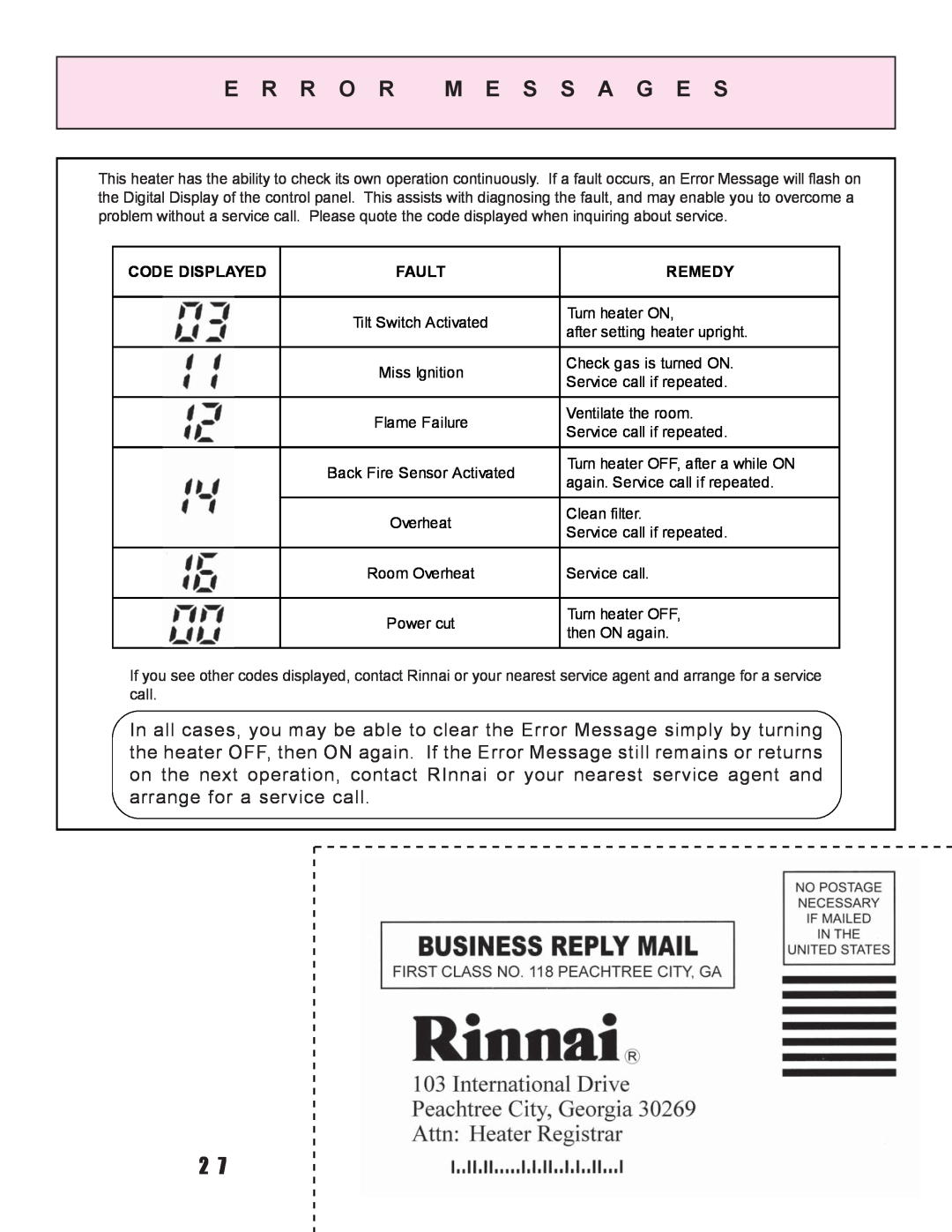 Rinnai RCE-229A installation instructions E R R O R M E S S A G E S, Code Displayed, Fault, Remedy 