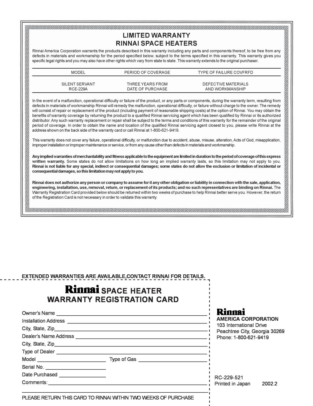 Rinnai RCE-229A installation instructions Space Heater Warranty Registration Card, Limited Warranty Rinnai Space Heaters 