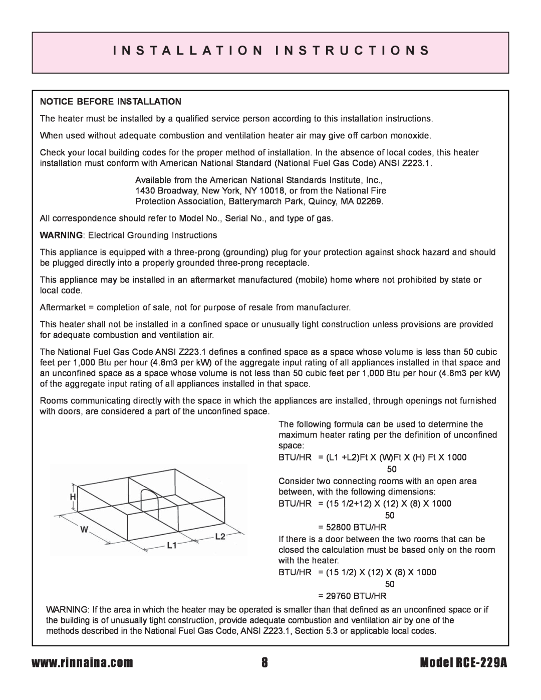 Rinnai installation instructions I N S T A L L A T I O N I N S T R U C T I O N S, Model RCE-229A 