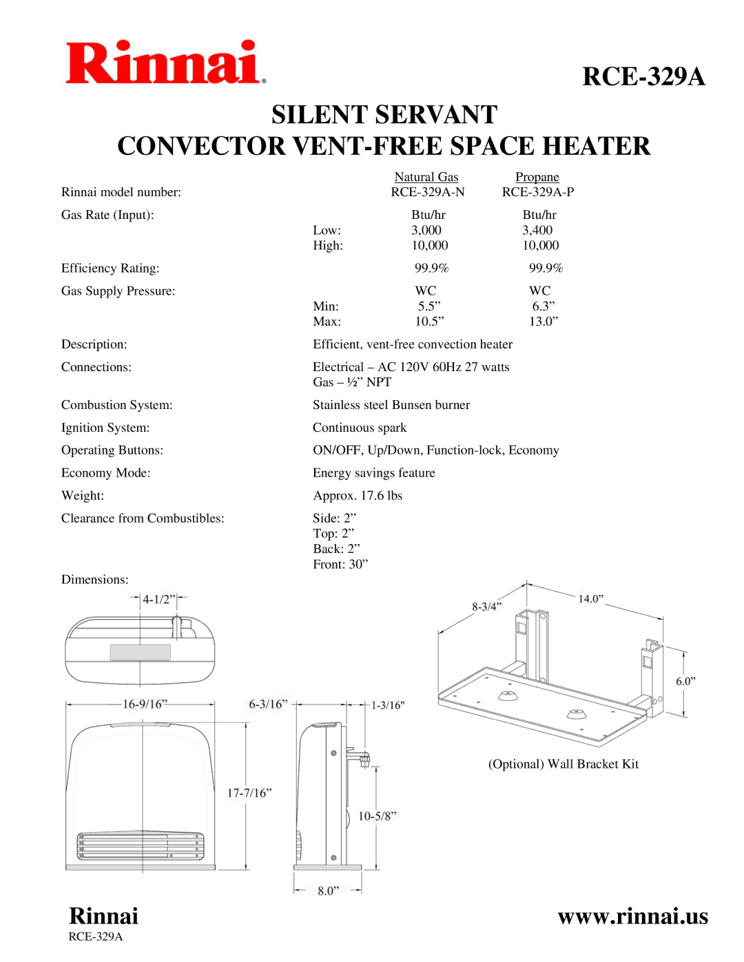 Rinnai RCE-329A dimensions Silent Servant Convector VENT-FREE Space Heater 