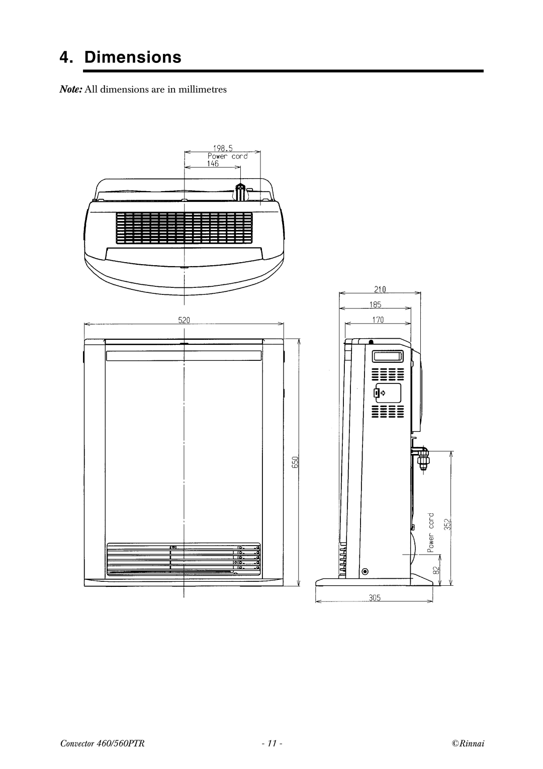 Rinnai RCE-560PTR manual Dimensions 