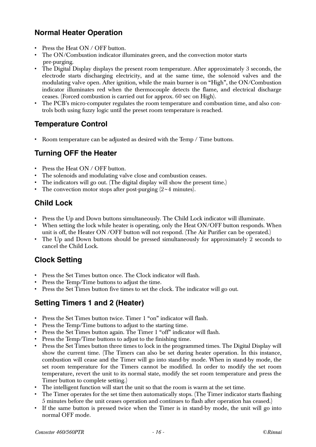 Rinnai RCE-560PTR manual Normal Heater Operation, Temperature Control, Turning OFF the Heater, Child Lock, Clock Setting 