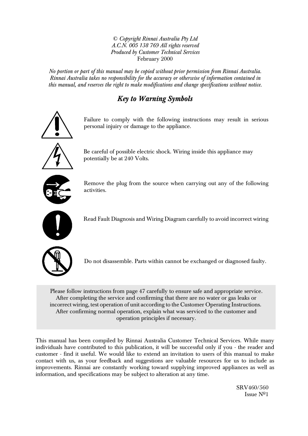 Rinnai RCE-560PTR manual Key to Warning Symbols 