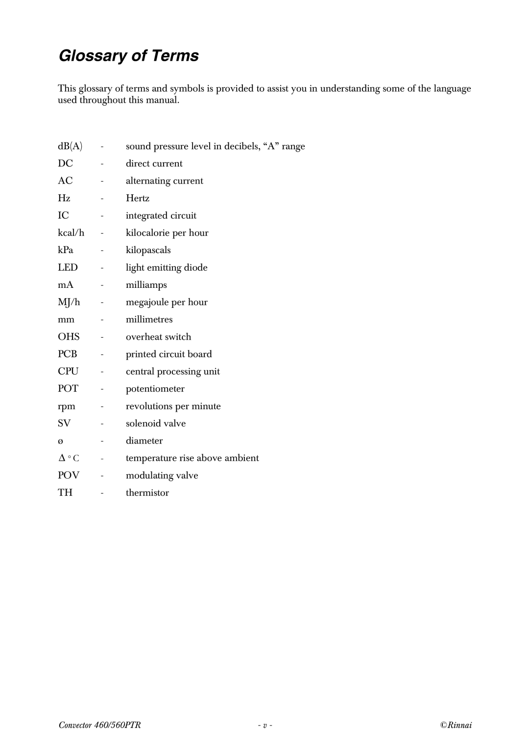 Rinnai RCE-560PTR manual Glossary of Terms 