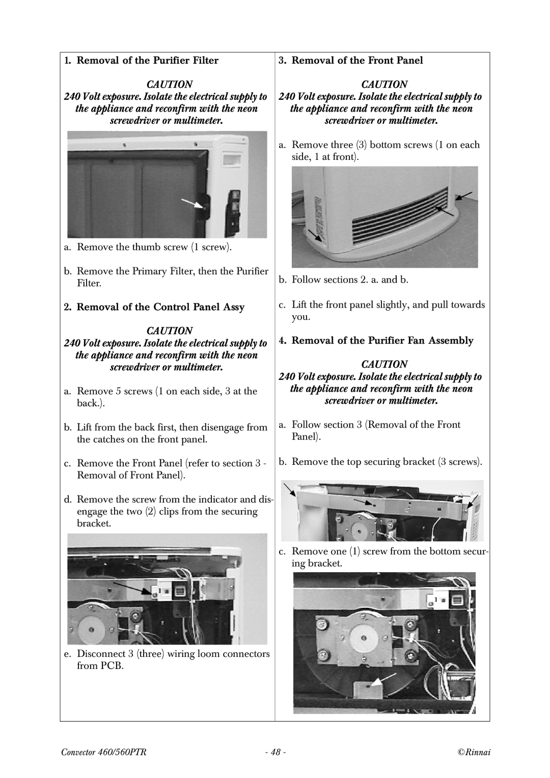 Rinnai RCE-560PTR manual Removal of the Purifier Filter 