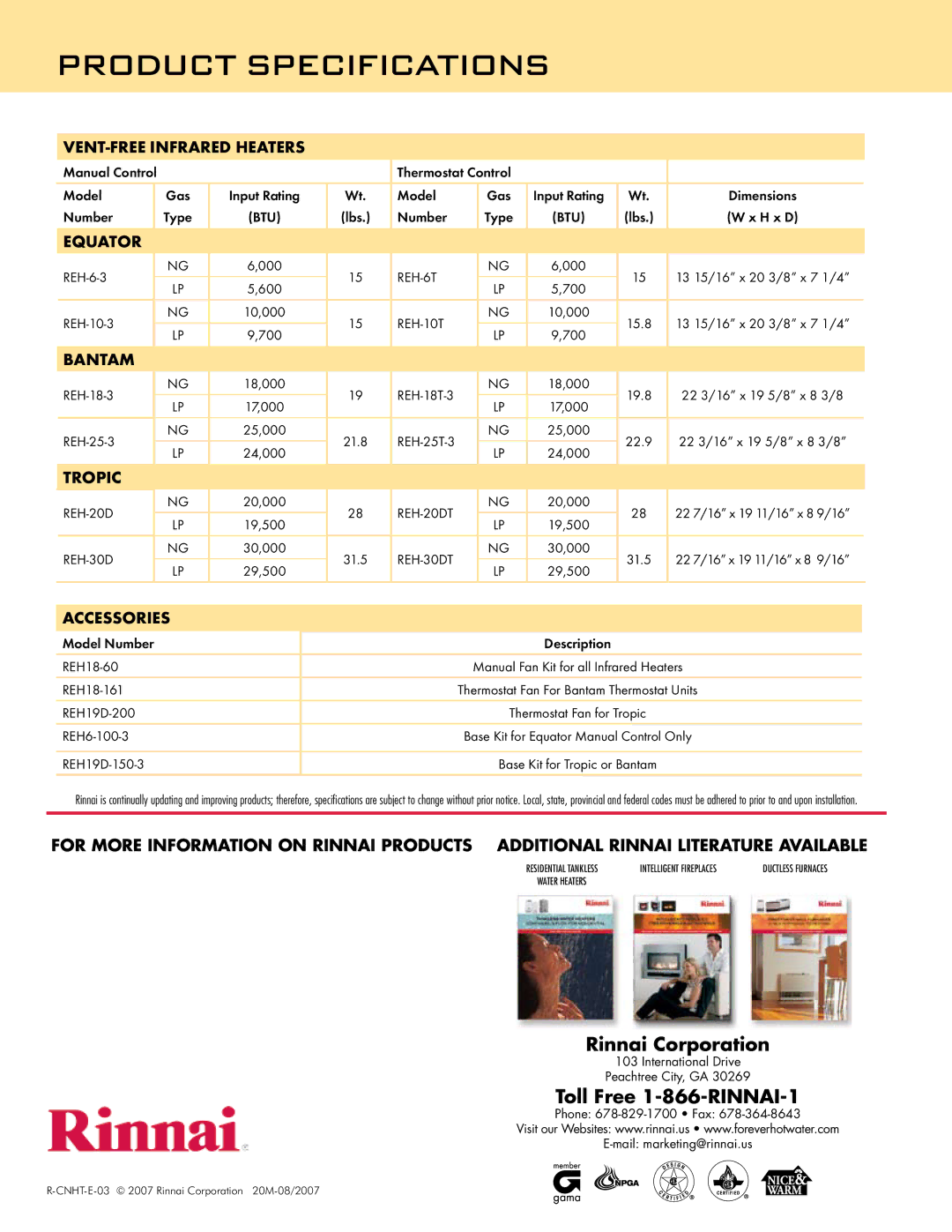 Rinnai REH-6T, REH-20DT, REH-30D, REH-25, REH-10, REH-18 VENT-FREE Infrared Heaters, Equator, Bantam, Tropic, Accessories 